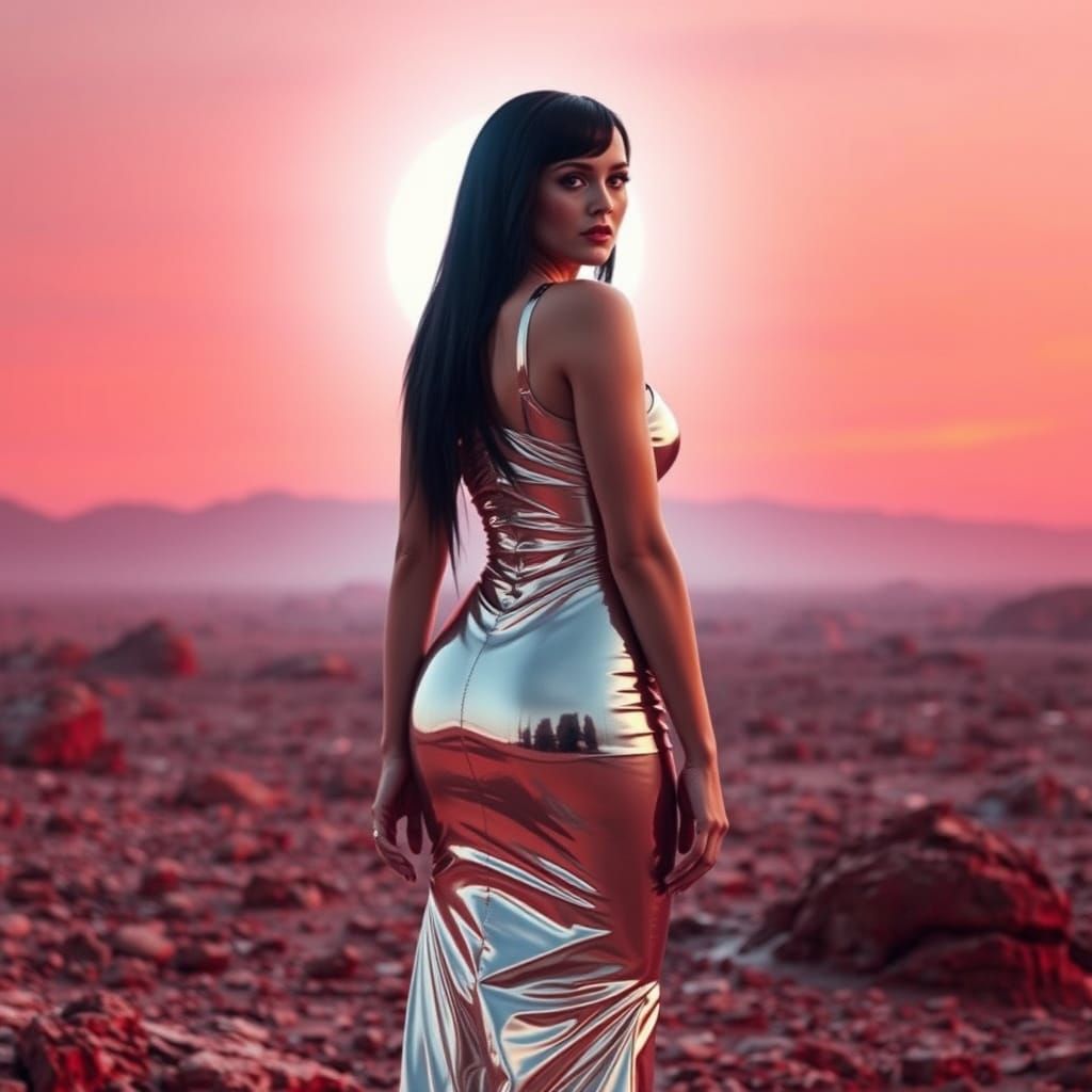 Elegant Katy Perry in Metallic Silver on Alien Terrain