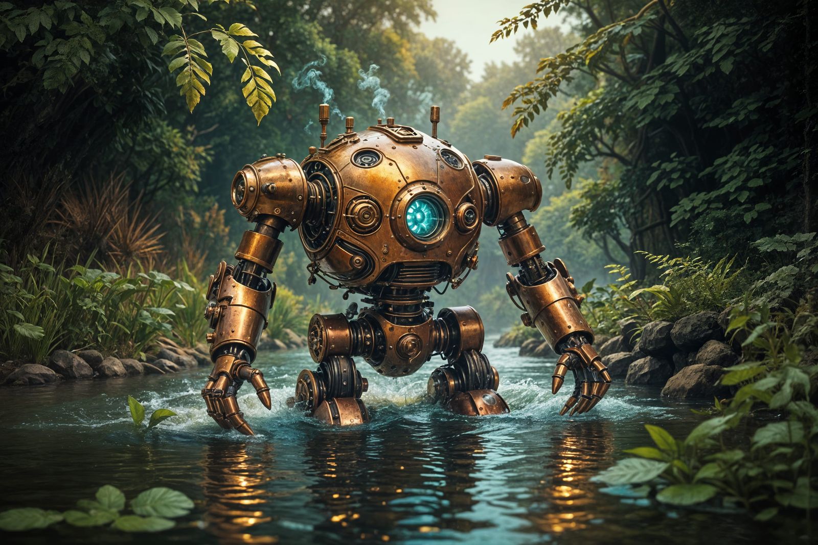 Steampunk Copper Robot Swimming Upriver