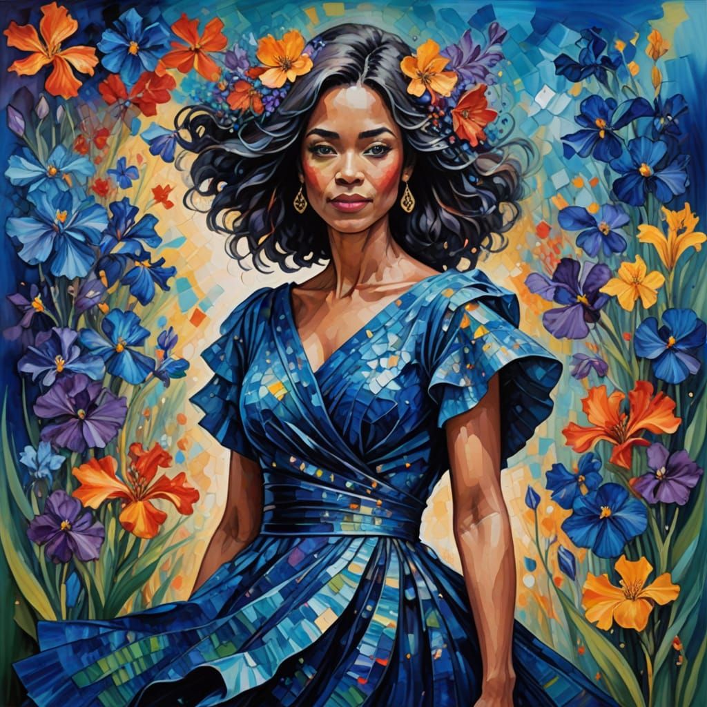 Ethereal Blue Goddess in Vibrant Floral Realm