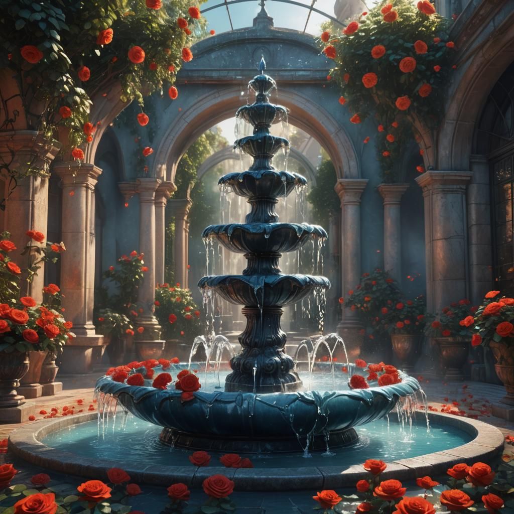 Majestic Rose Fountain in Fantasy Courtyard