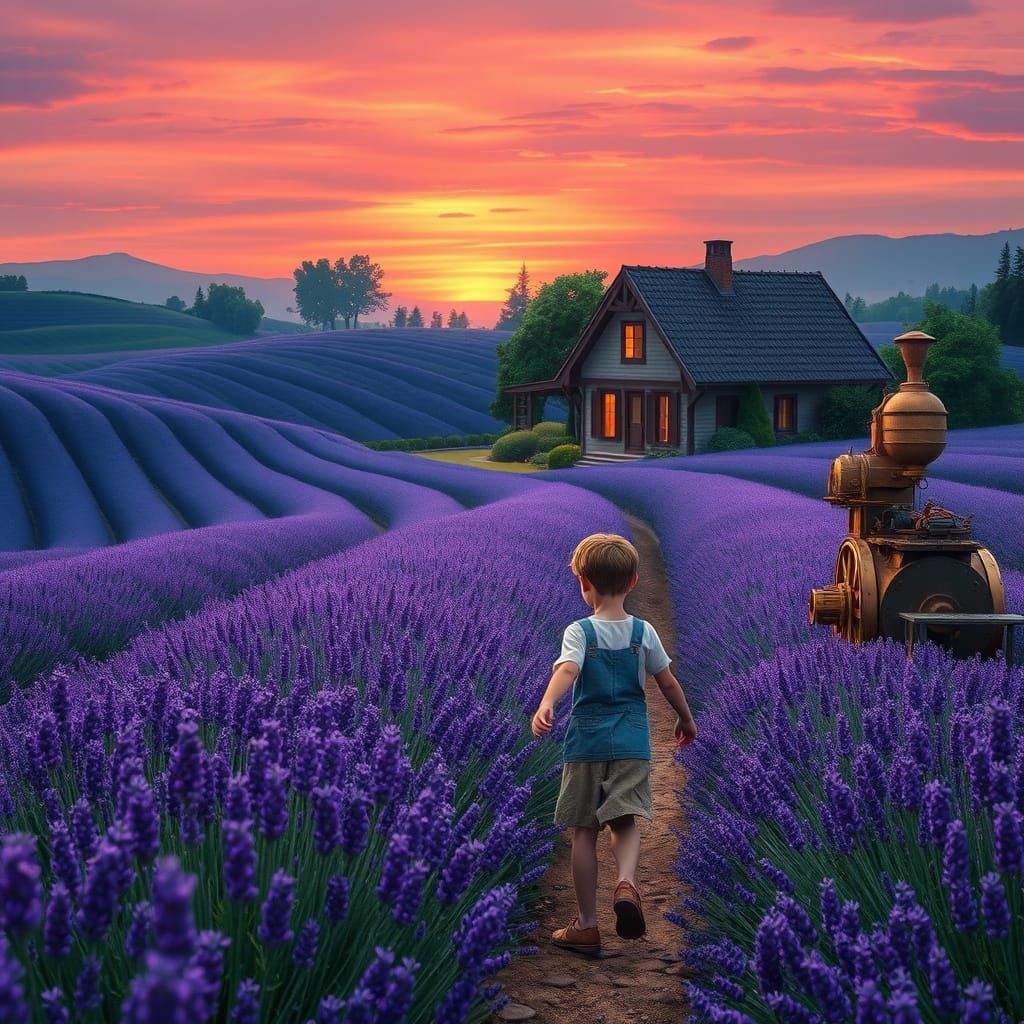 Whimsical Lavender Farm at Dusk in Steampunk Style