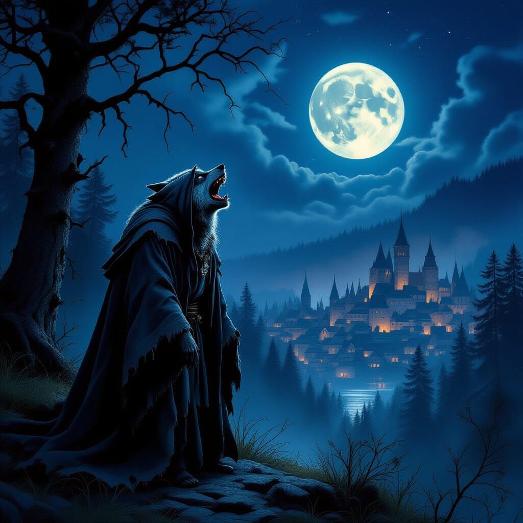 Werewolf Howls Under Full Moon in Dark Forest