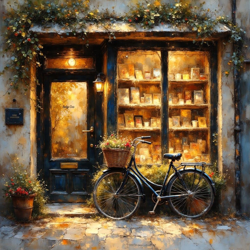 Vintage Bicycle at Bookshop, Lautrec Style