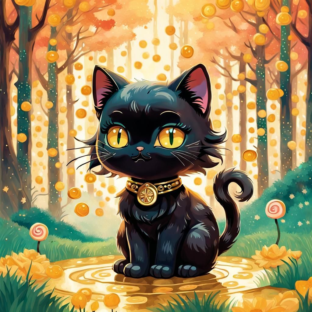 Adorable Chibi Black Cat in Ghibli Style