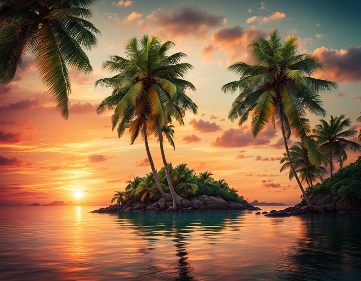 Tropical Island Sunset with Hammock at Golden Hour