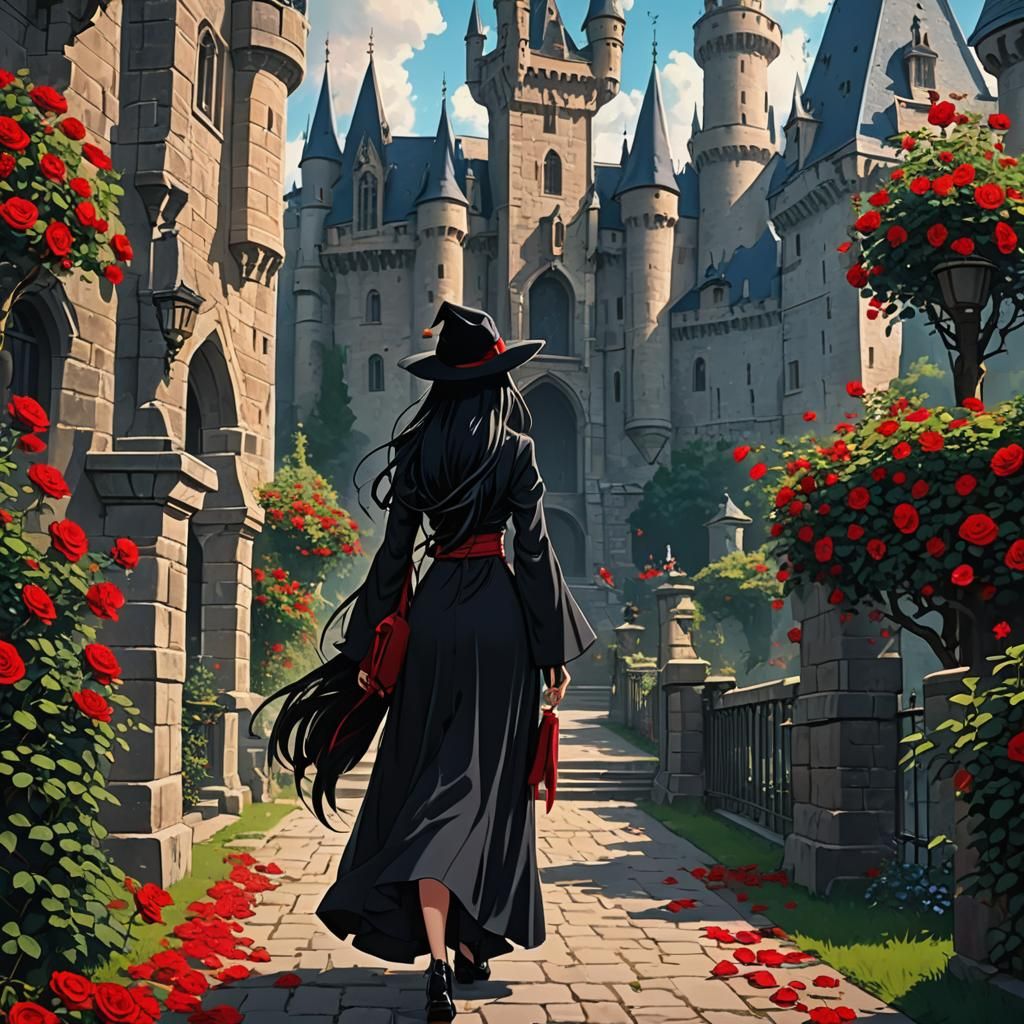 Anime Witch Walks to Castle with Roses
