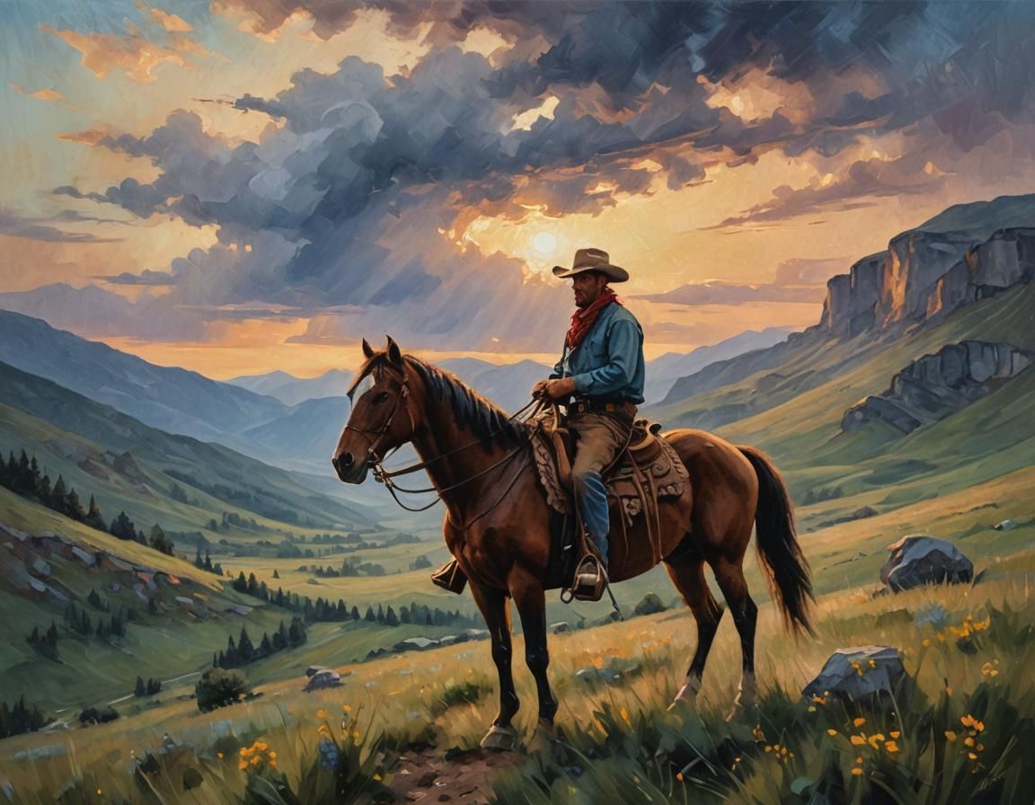 Impressionistic Cowboy Portrait in Mountain Meadow