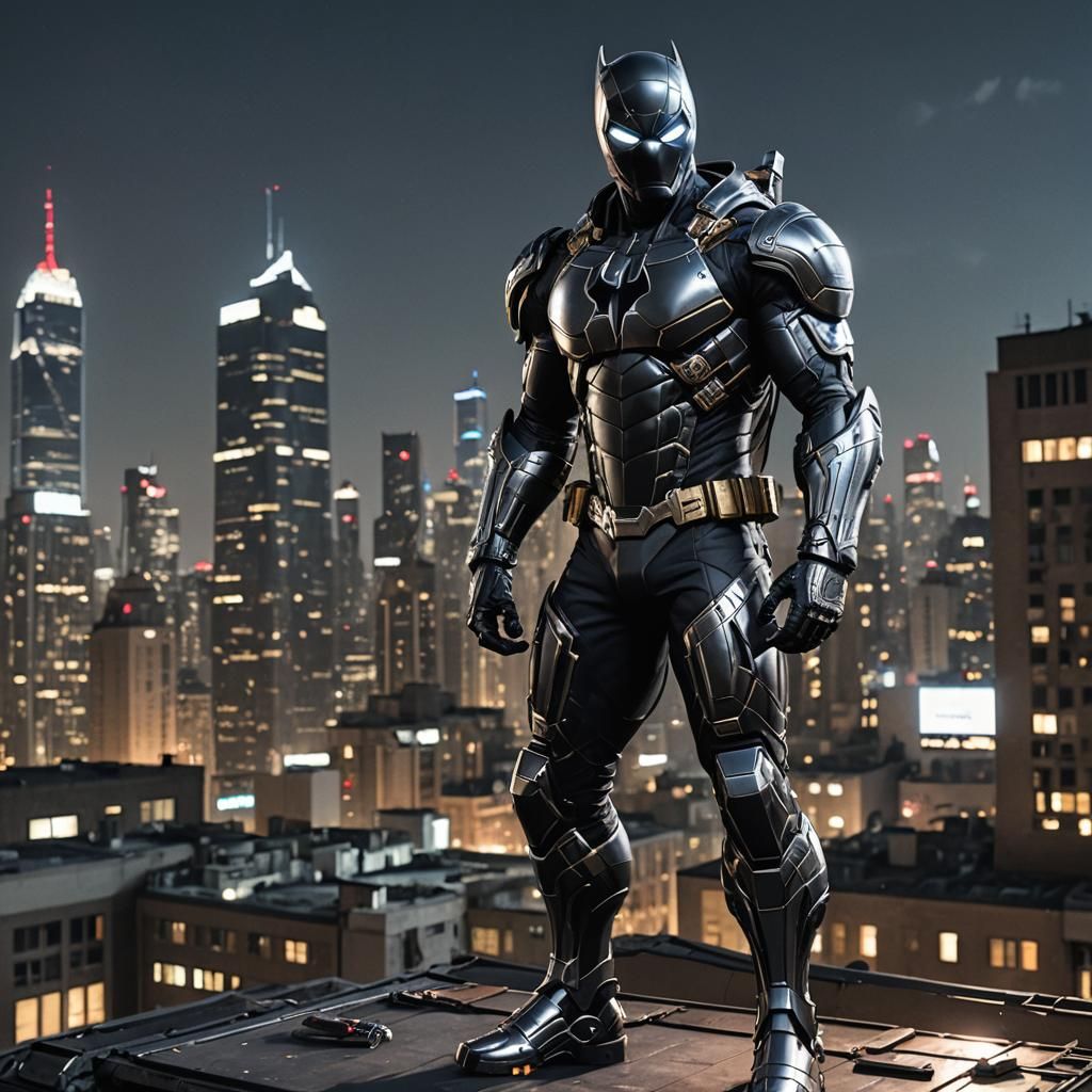 Armored Spider-Bat Superhero on City Rooftop