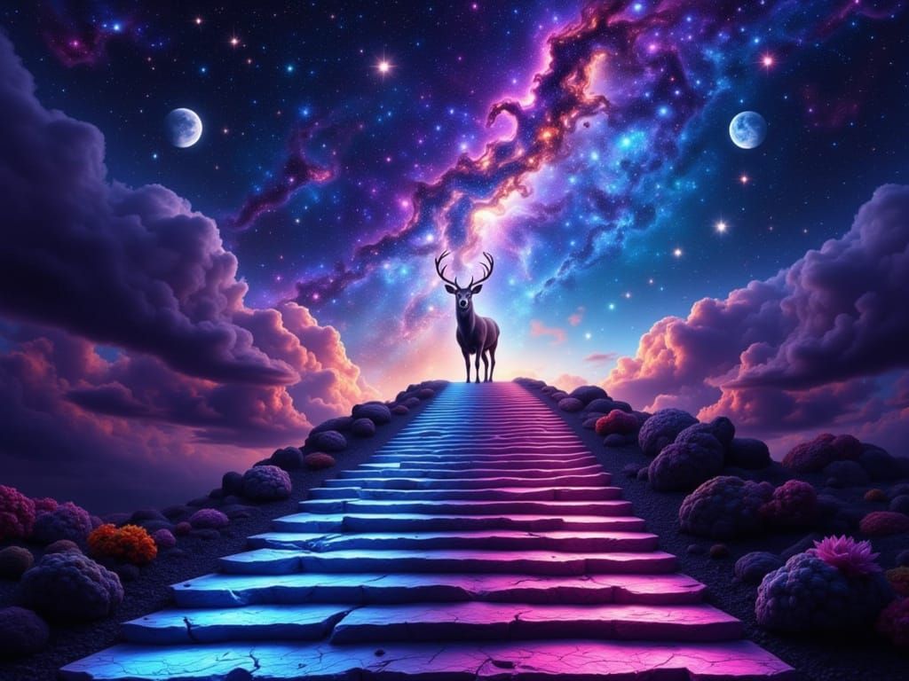 Starlit Deer Silhouette in Dreamy Galaxy Landscape