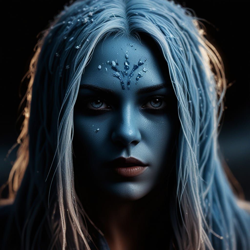 Blue-Skinned Towa Endures Harsh Blizzard in Vivid Digital Ar...