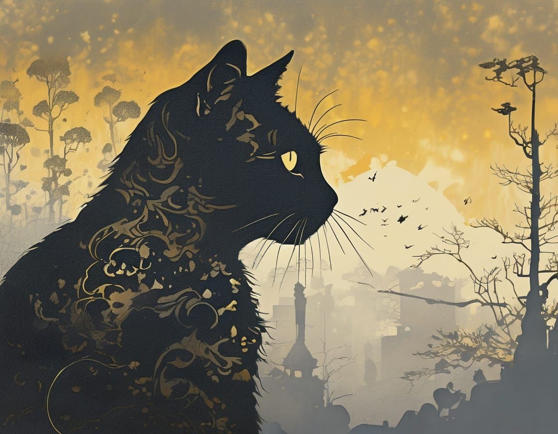 Cat Silhouette in Fog with Gradient Colors