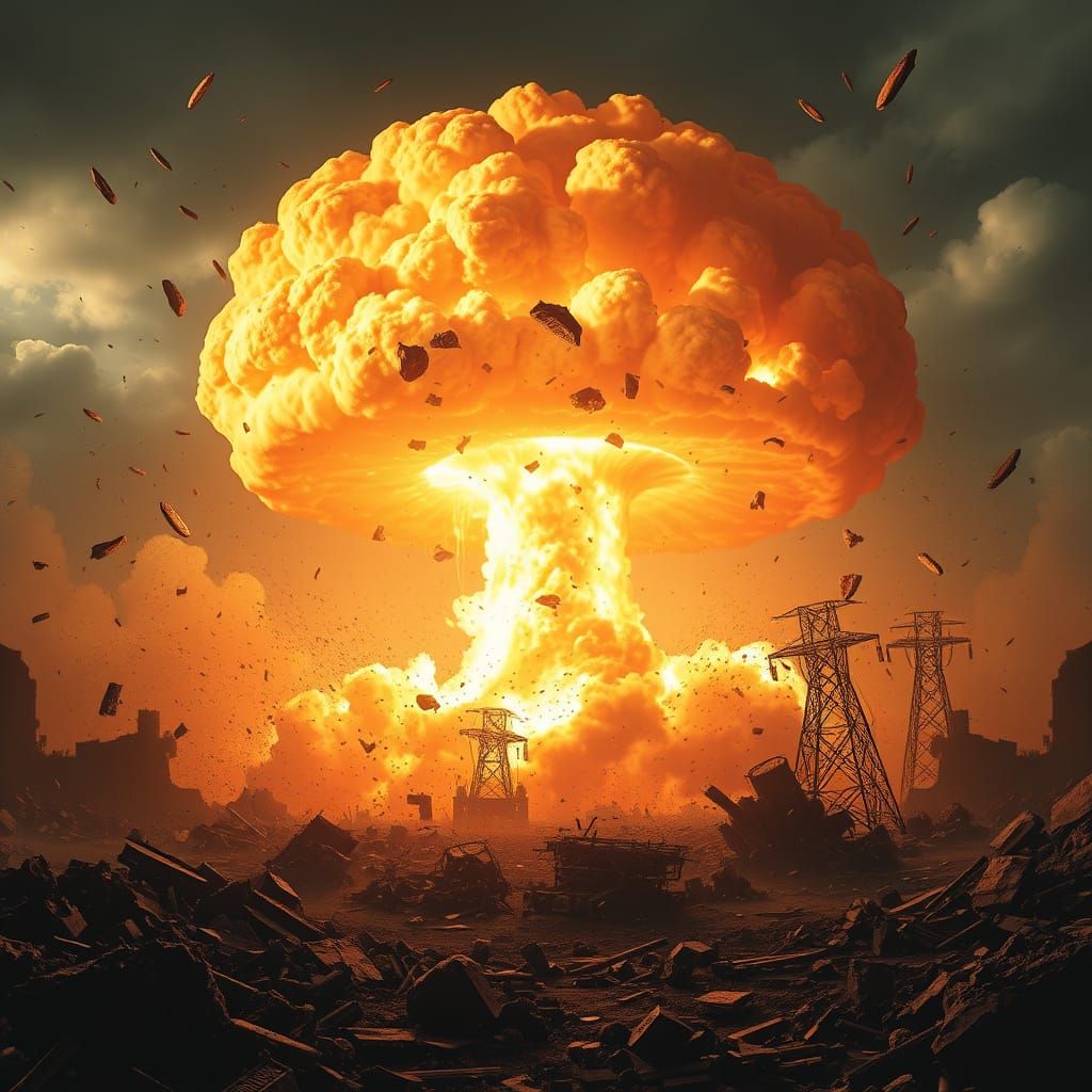 Mushroom Cloud Explosion in Dystopian Post-Apocalyptic Scene