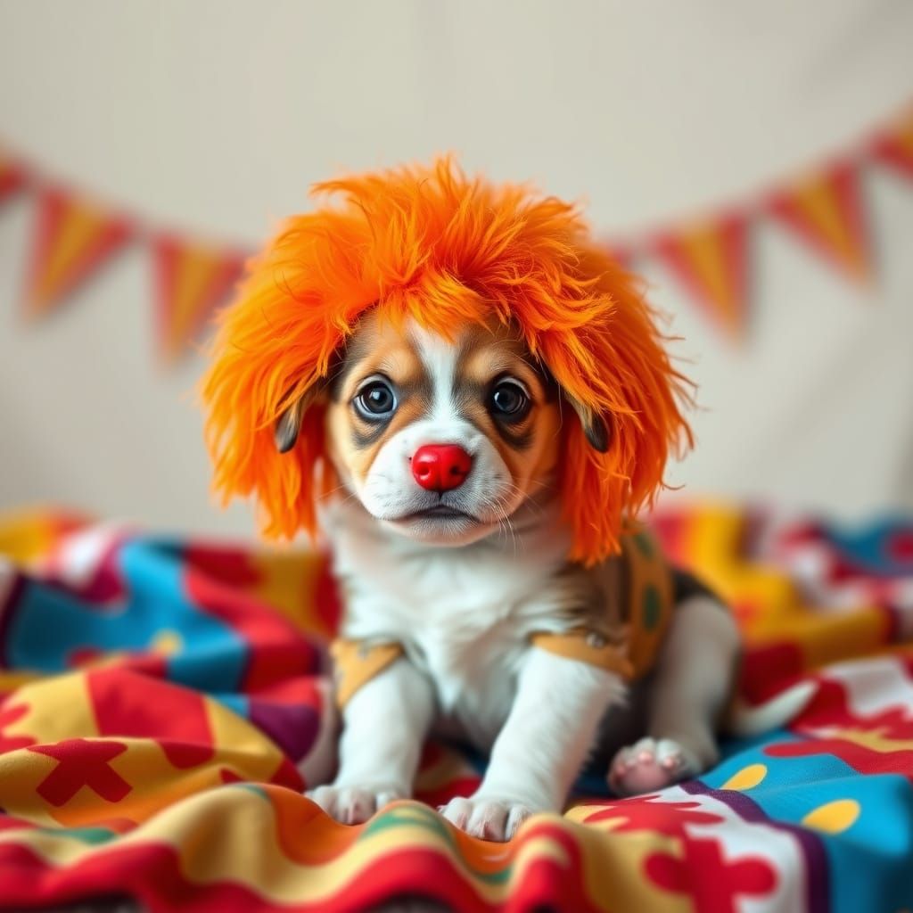 Clown Puppy Portrait in Storybook Style
