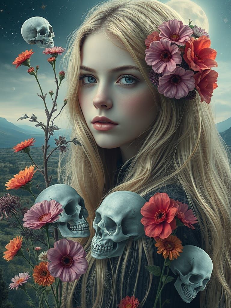 Surreal Portrait: Woman, Flowers, and Ethereal Skulls