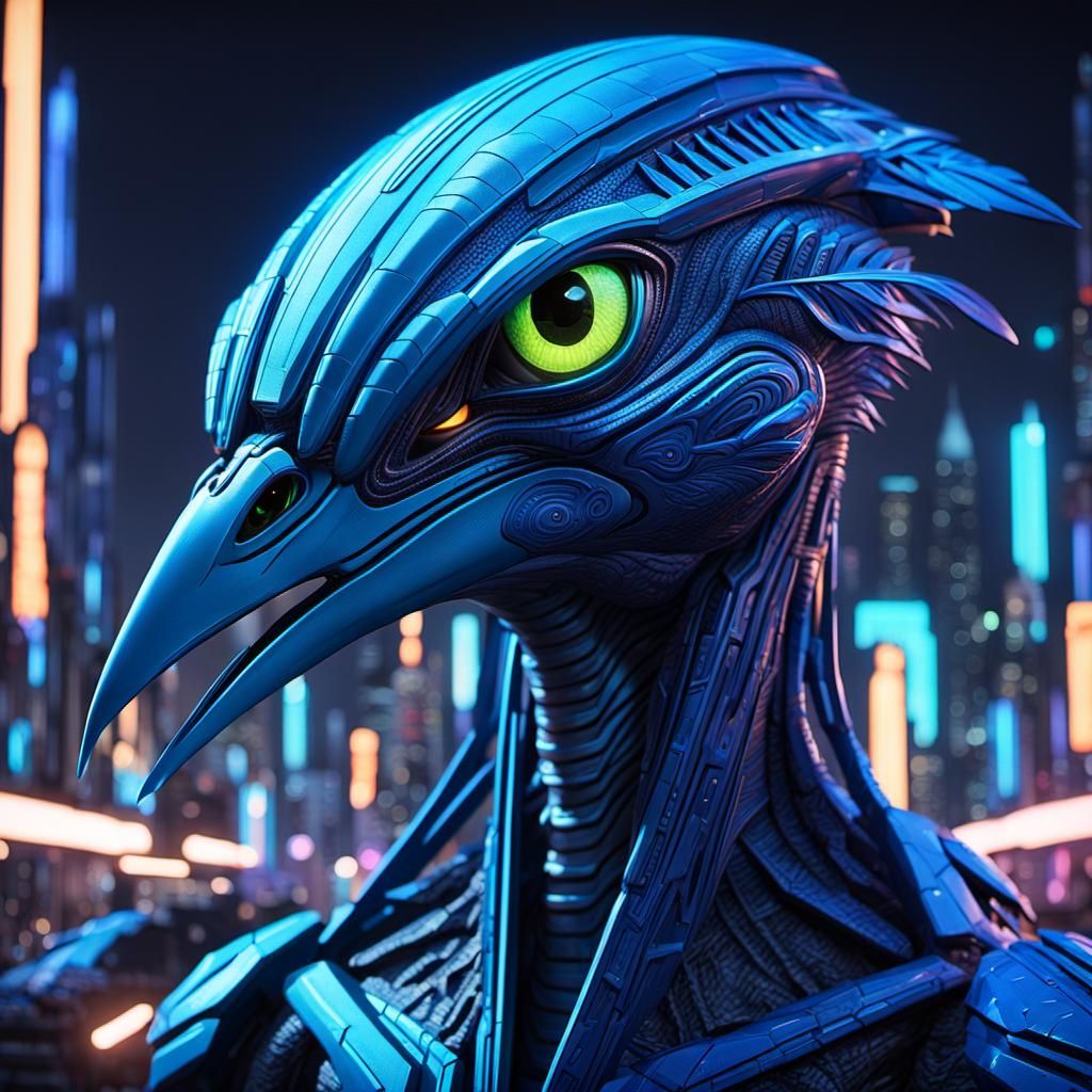 Blue Alien Bird in Futuristic City, Cinematic Still