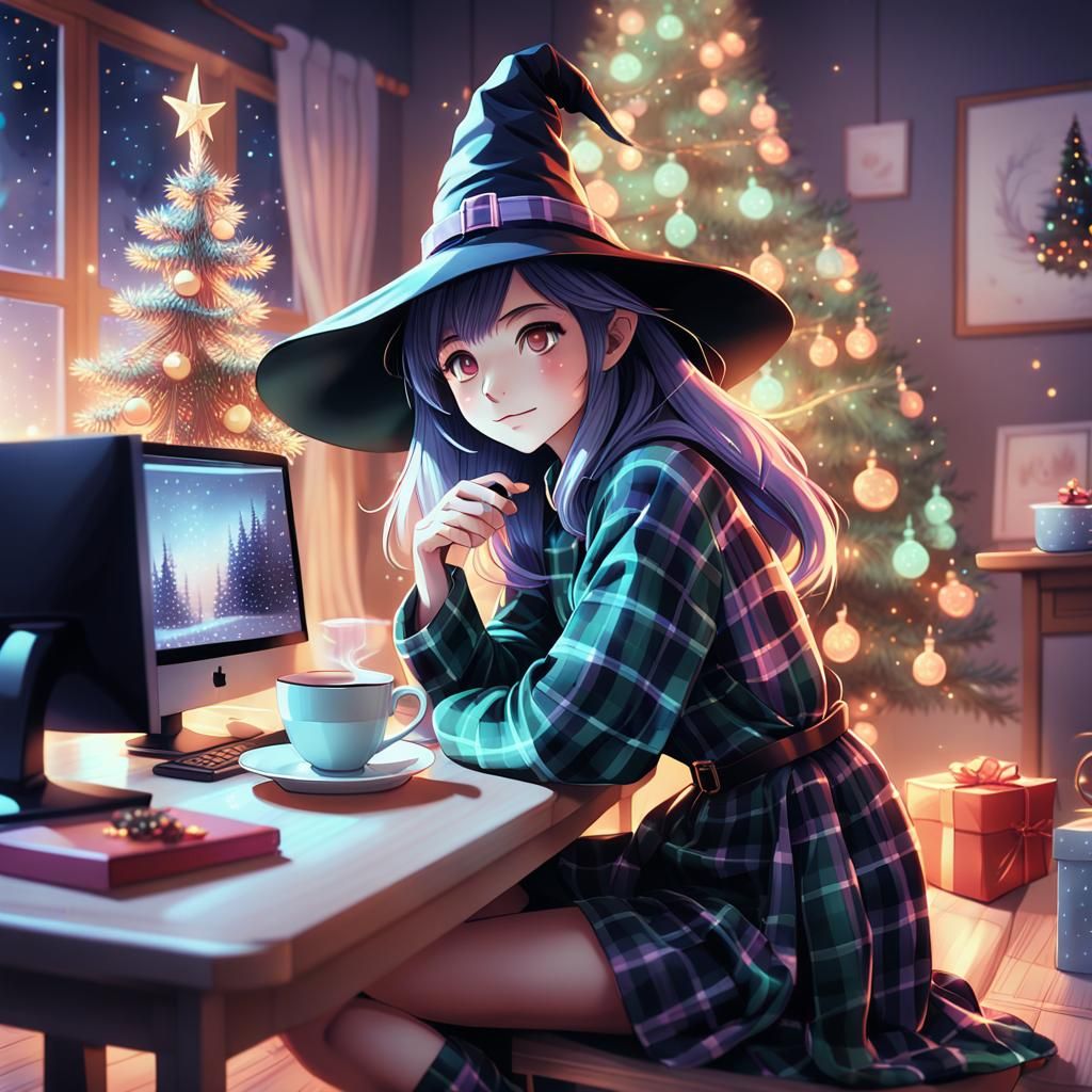 Cute Anime Witch Celebrates Christmas in Whimsical Winter Wo...