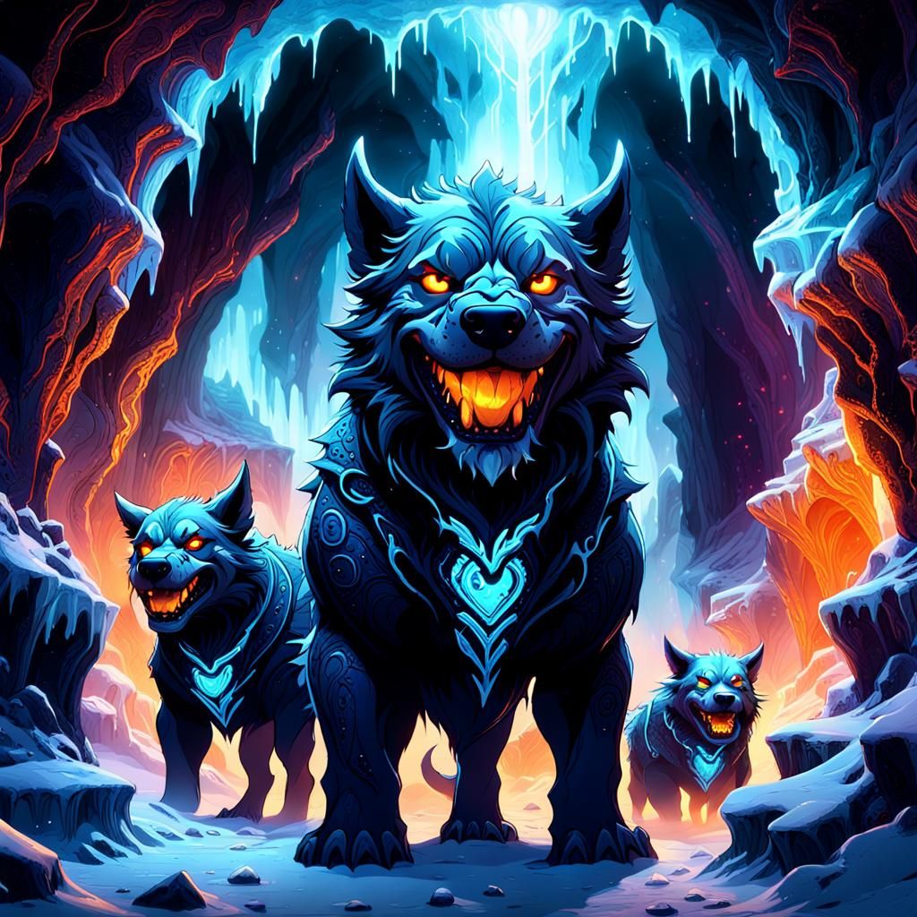 Icy Cerberus with Glowing Neon Eyes: Digital Art