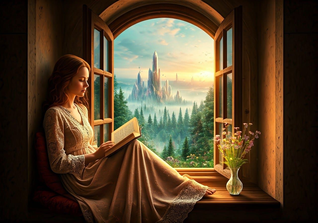 Woman in Serene Reading Nook with Fantastical Landscape