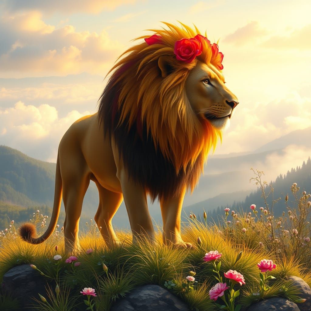 Lion with Rose Petal Mane: Classic Oil Painting