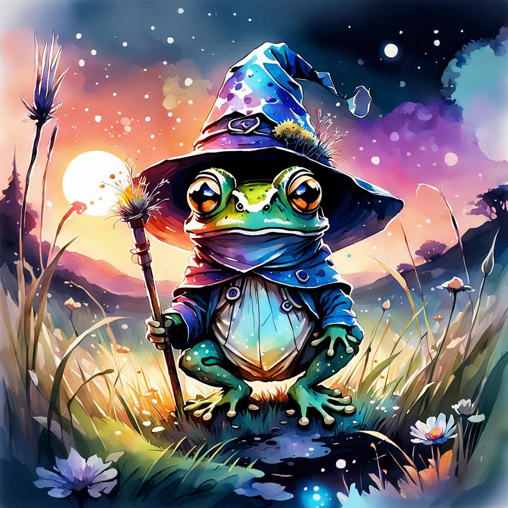 Chibi Frog Wizard in Meadow Watercolor Illustration