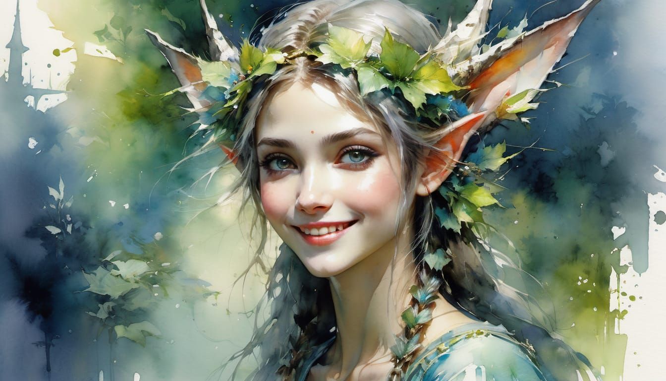 Beautiful Watercolor Elf Maiden in Whimsical Forest