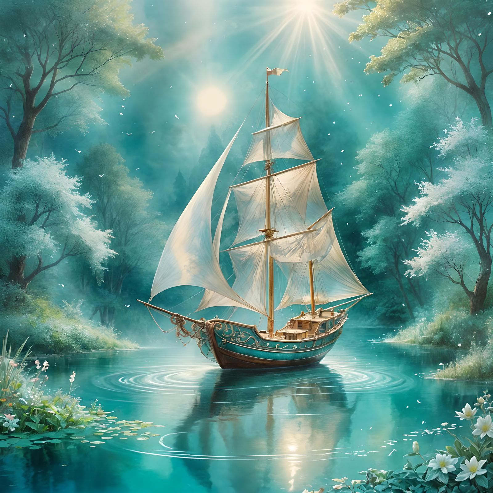 Fairytale Boat in Green and Silver Dreamscape