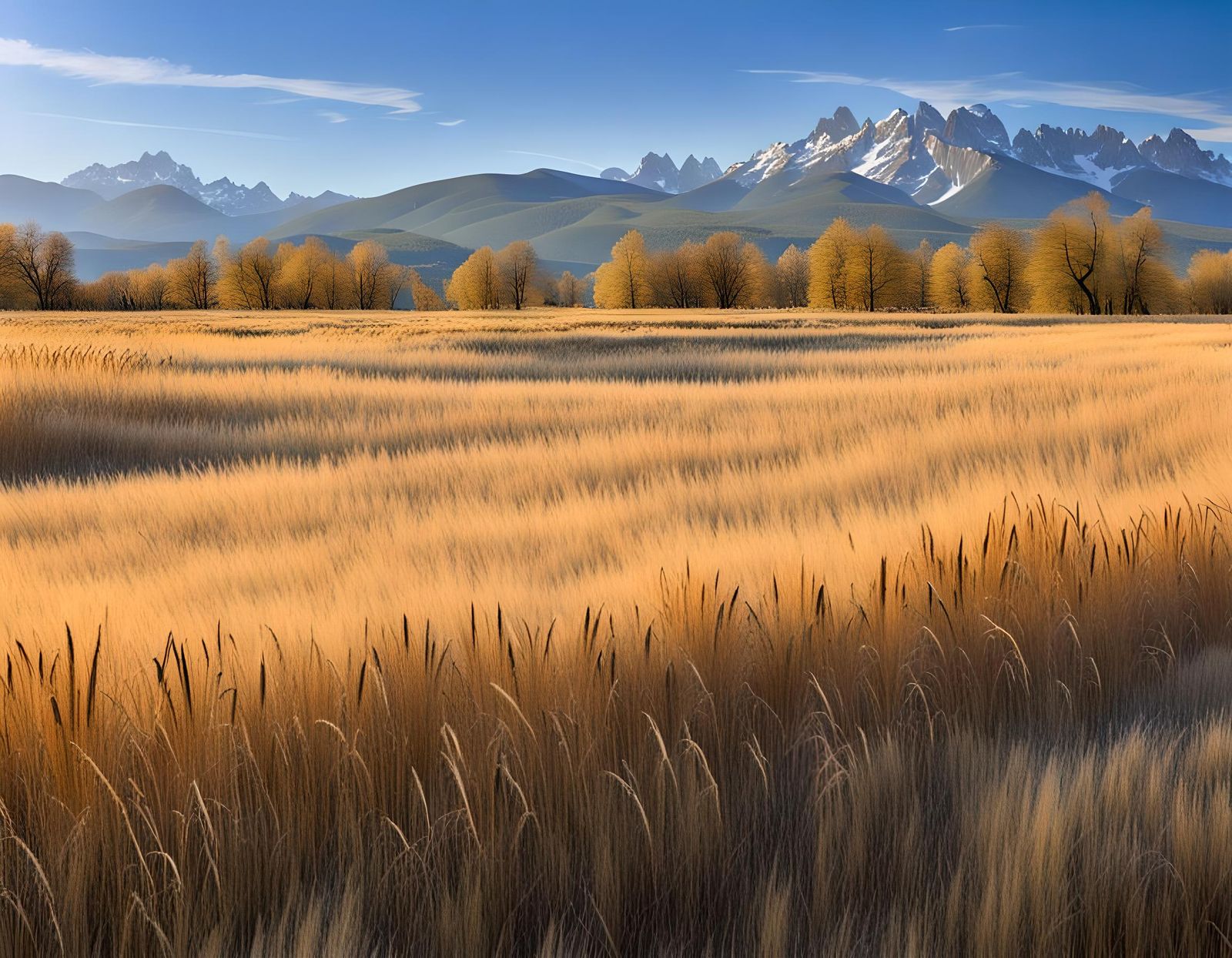 Golden Grass Field with Mountain Backdrop