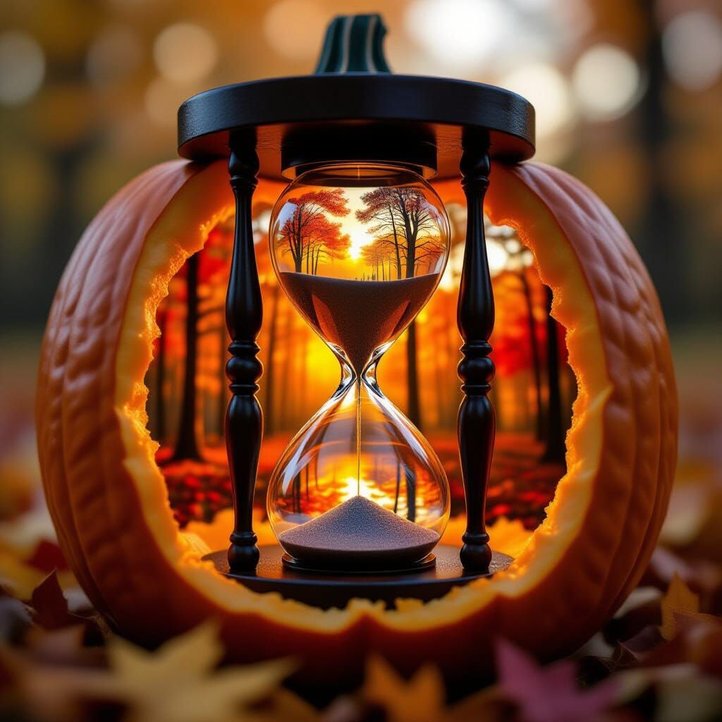 Gleaming Hourglass in Jack-o'-lantern, Autumn Forest Reflect...