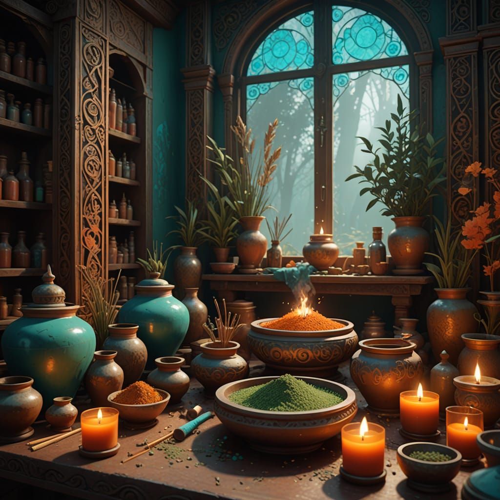 Incense Workshop Interior in Hyperdetailed Concept Art