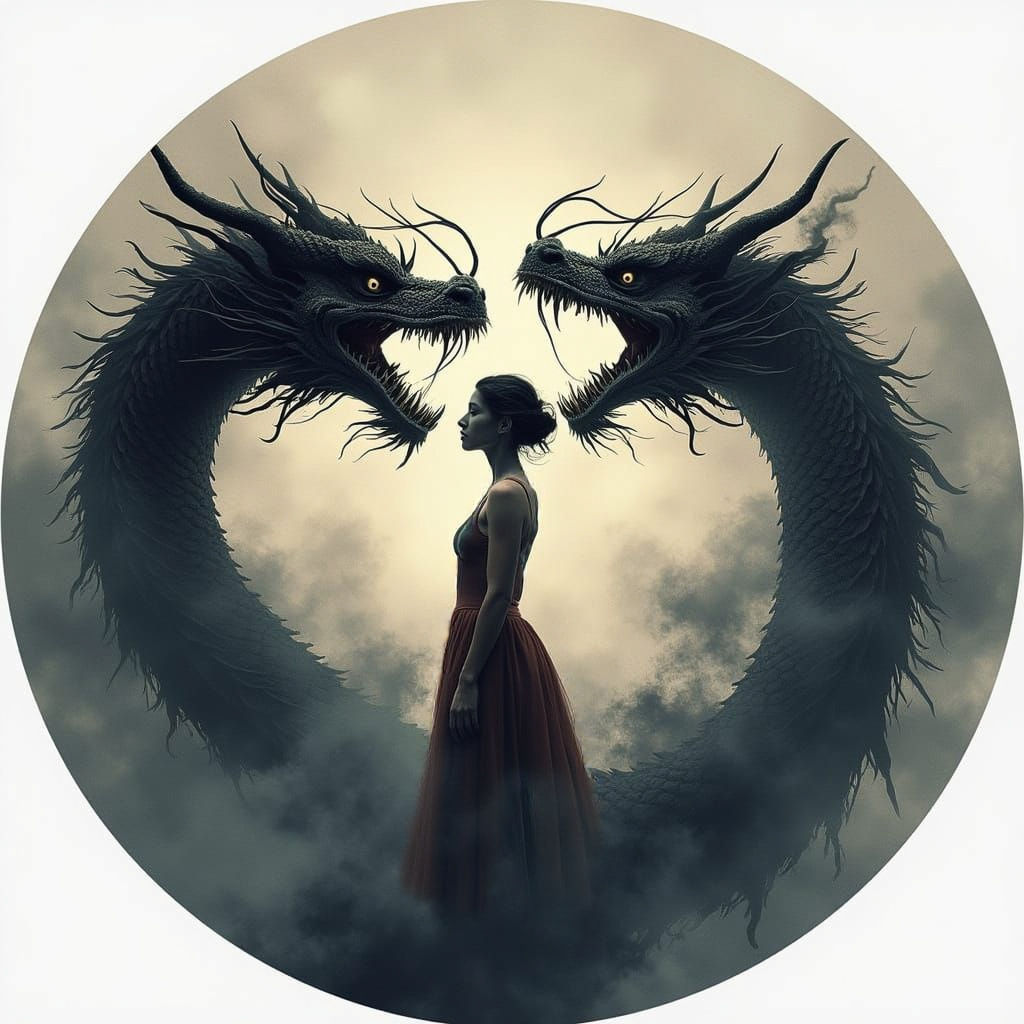 Dragons Forming Yin Yang Around Woman in Circular Crop