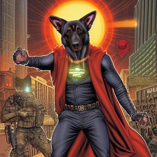 German Shepherd Superhero Comic Book Art