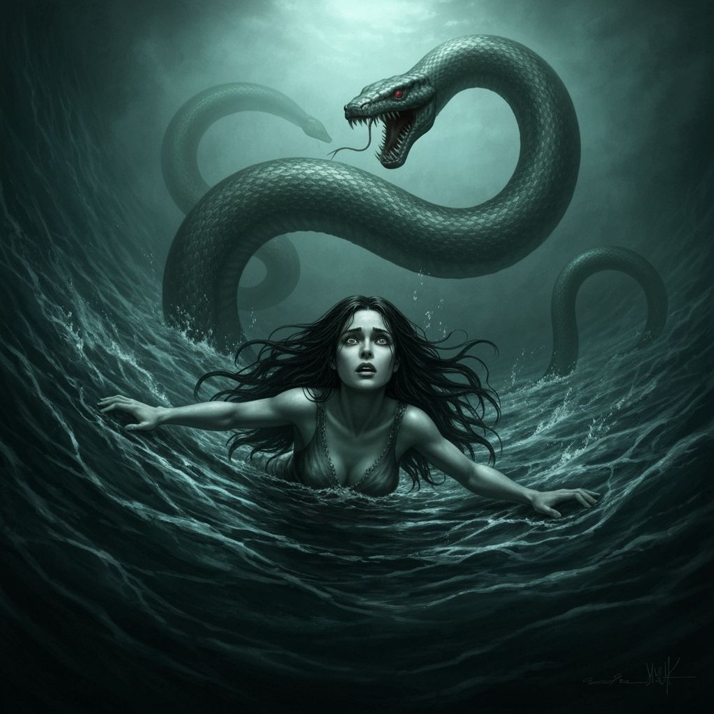 Drowning Woman Chased by Serpent in Dark Fantasy Ocean