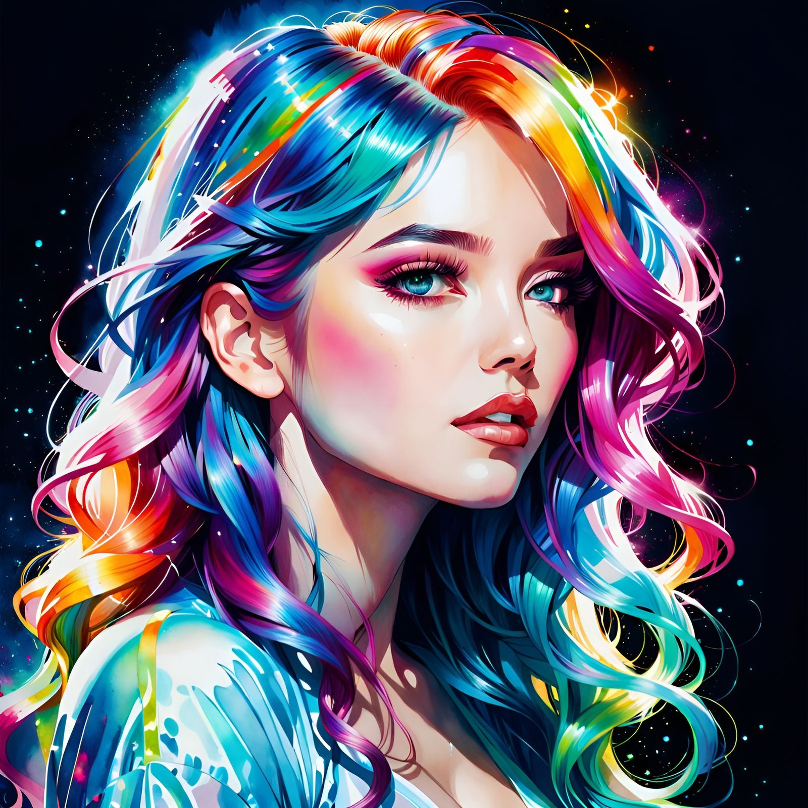 Radiant Woman with Bioluminescent Hair in Watercolor
