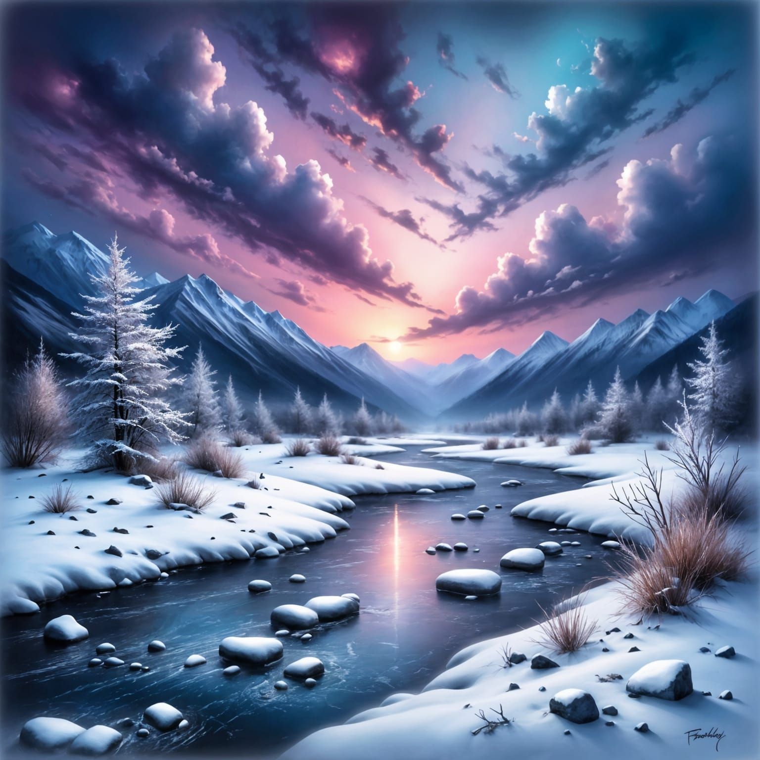 Twilight Sky Over Snow Hills, Frozen Stream