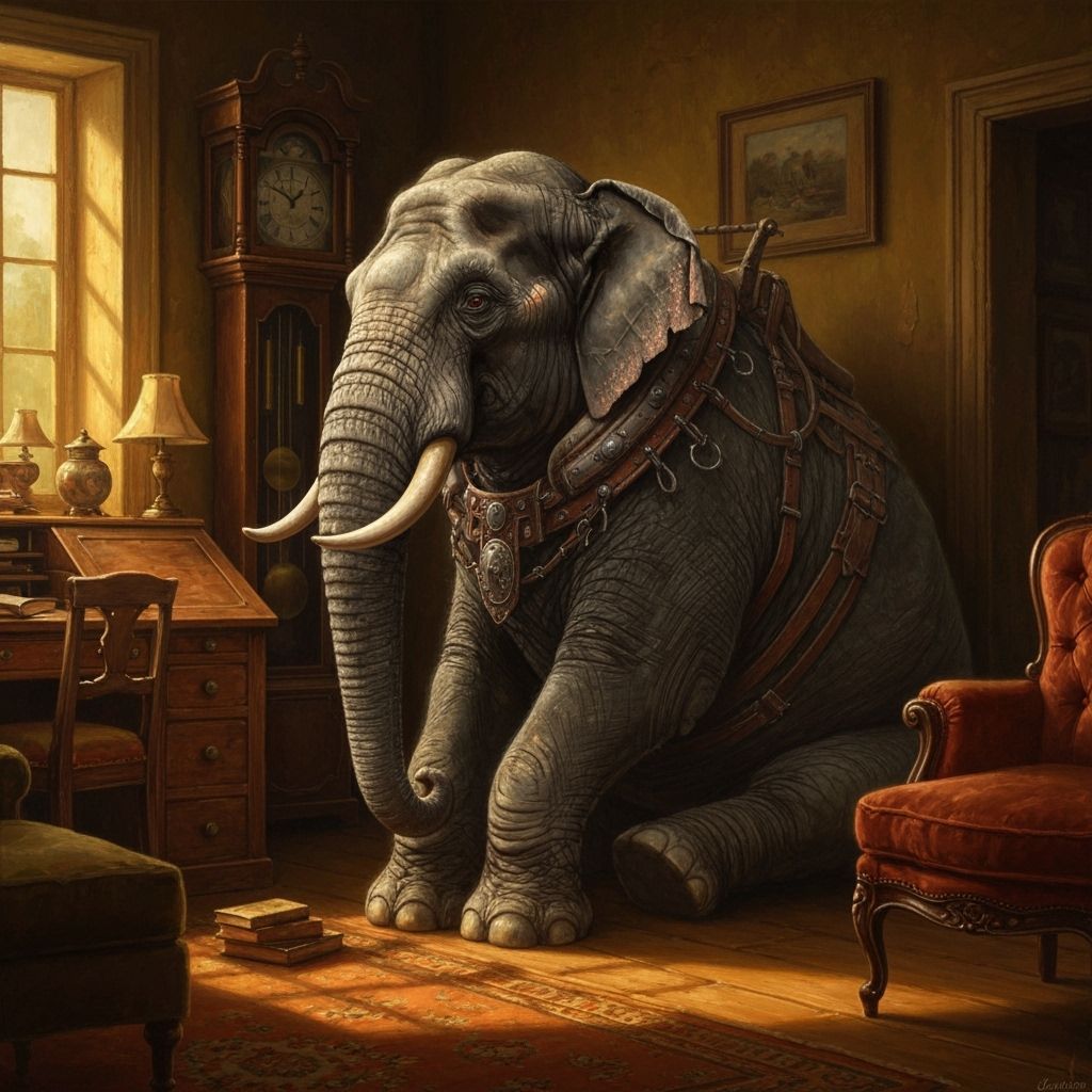 Elephant in Dimly Lit Room as Oil Painting