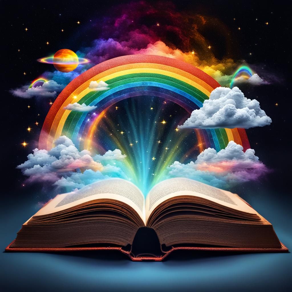 Magical Book with Cosmic Clouds and Rainbow