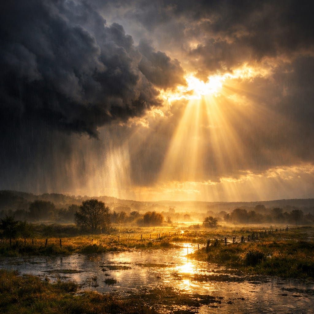 Hopeful Sunlight Breaks Through Stormy Sky Over Drenched Lan...