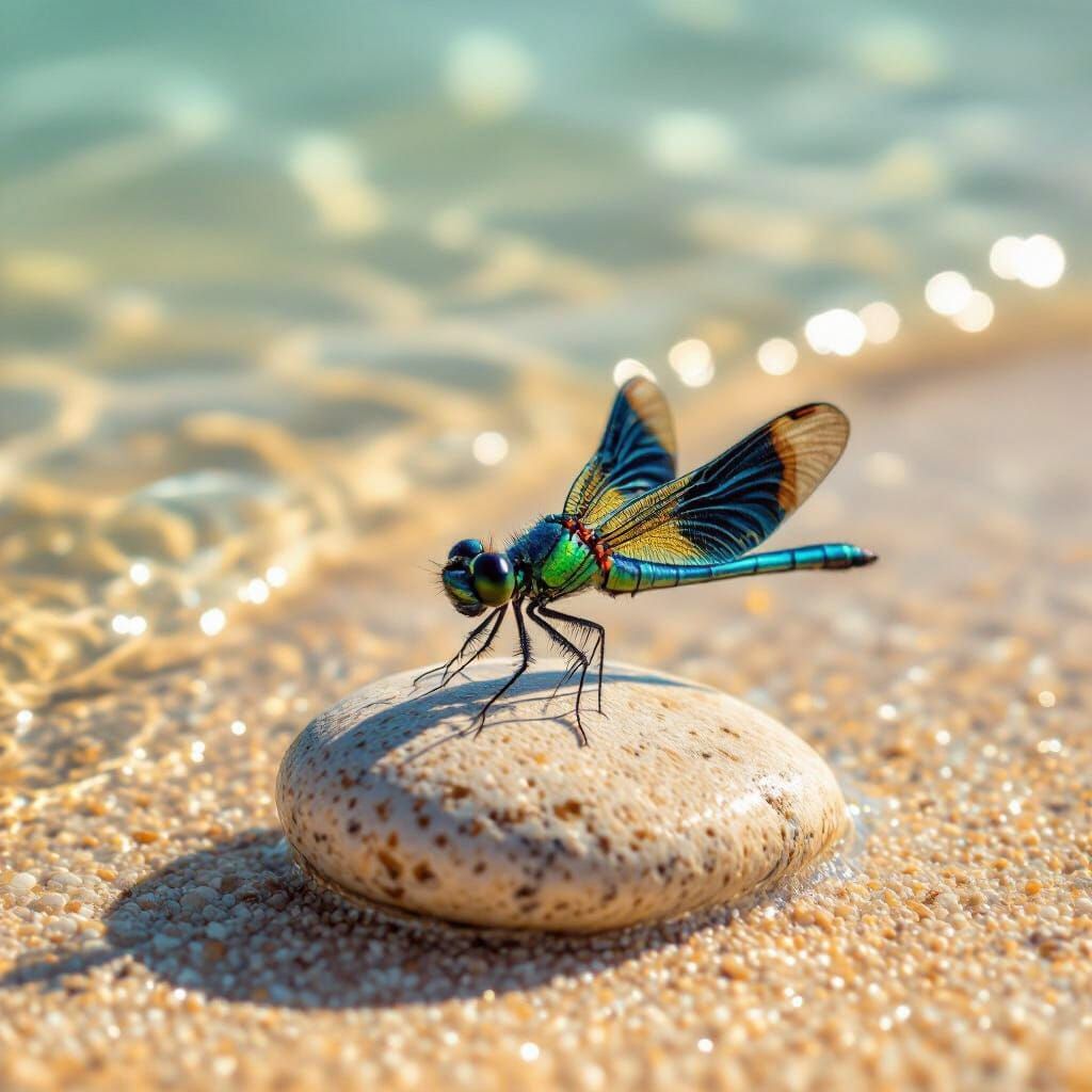 Macro Photo of Dragonfly on Pebble at Golden Hour