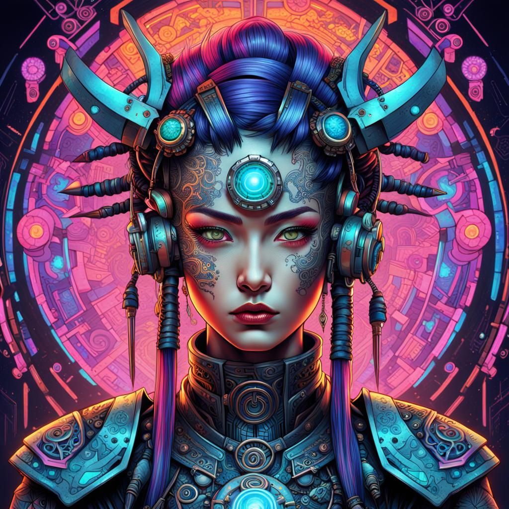 Cyberpunk Samurai Woman with Elaborate Tattoos