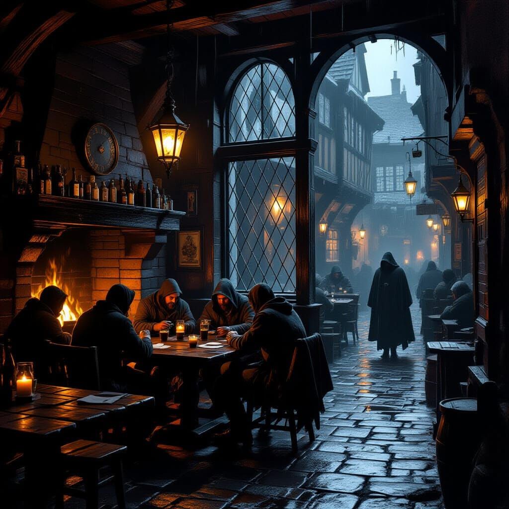 Gritty Tavern Scene with Patrons by Firelight