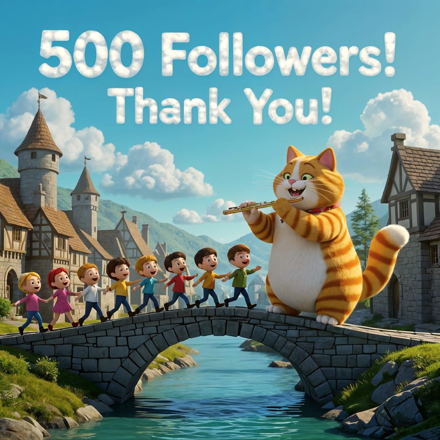 Feline Flutist Leads Happy Children Across Mossy Bridge in A...