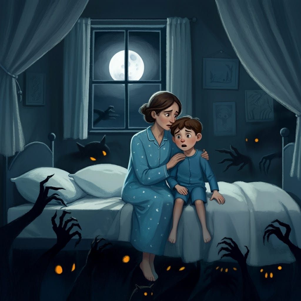 A Mother's Comfort in a Moonlit Bedroom, as Dark Shadows Lur...