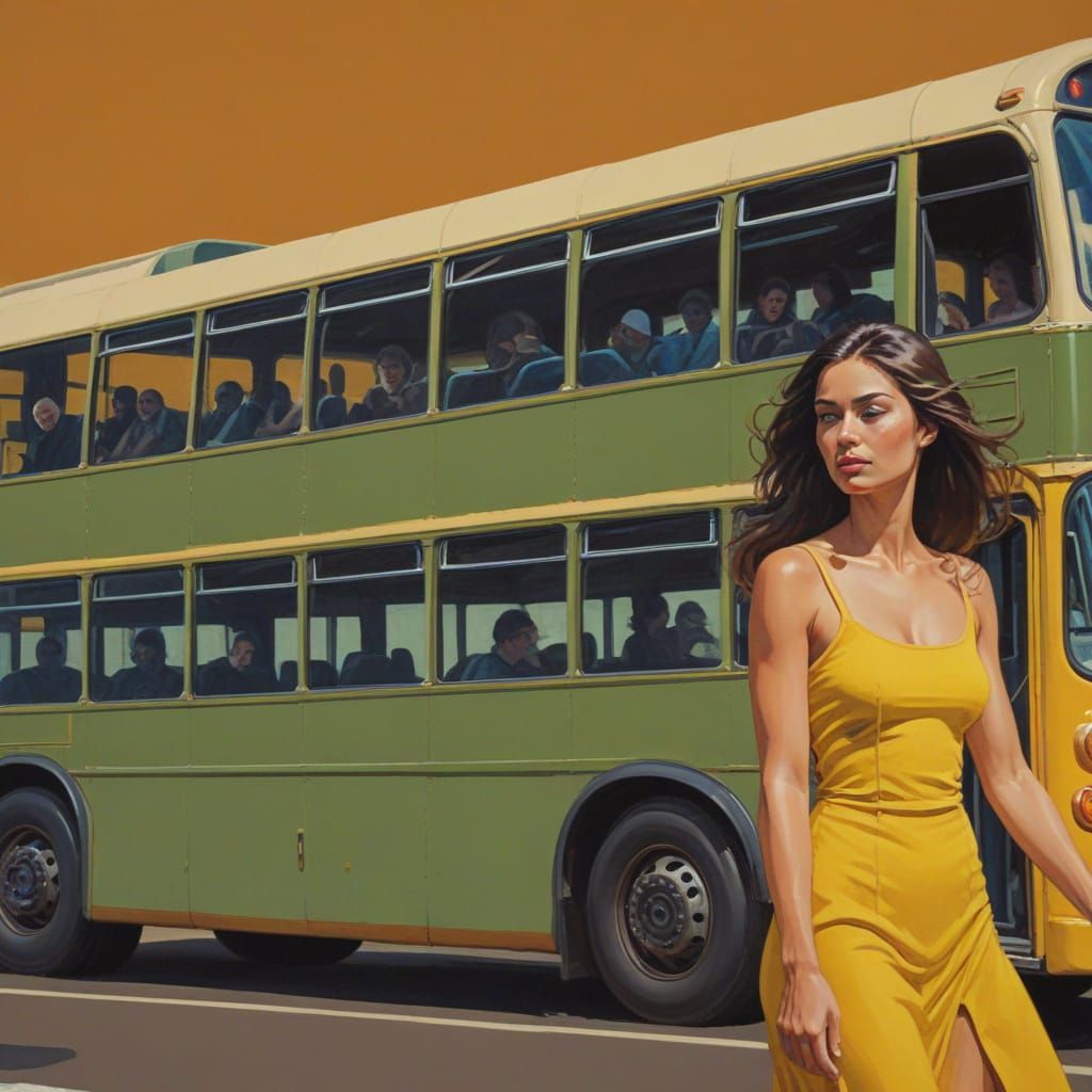 Woman and Bus in Detailed Gouache Painting