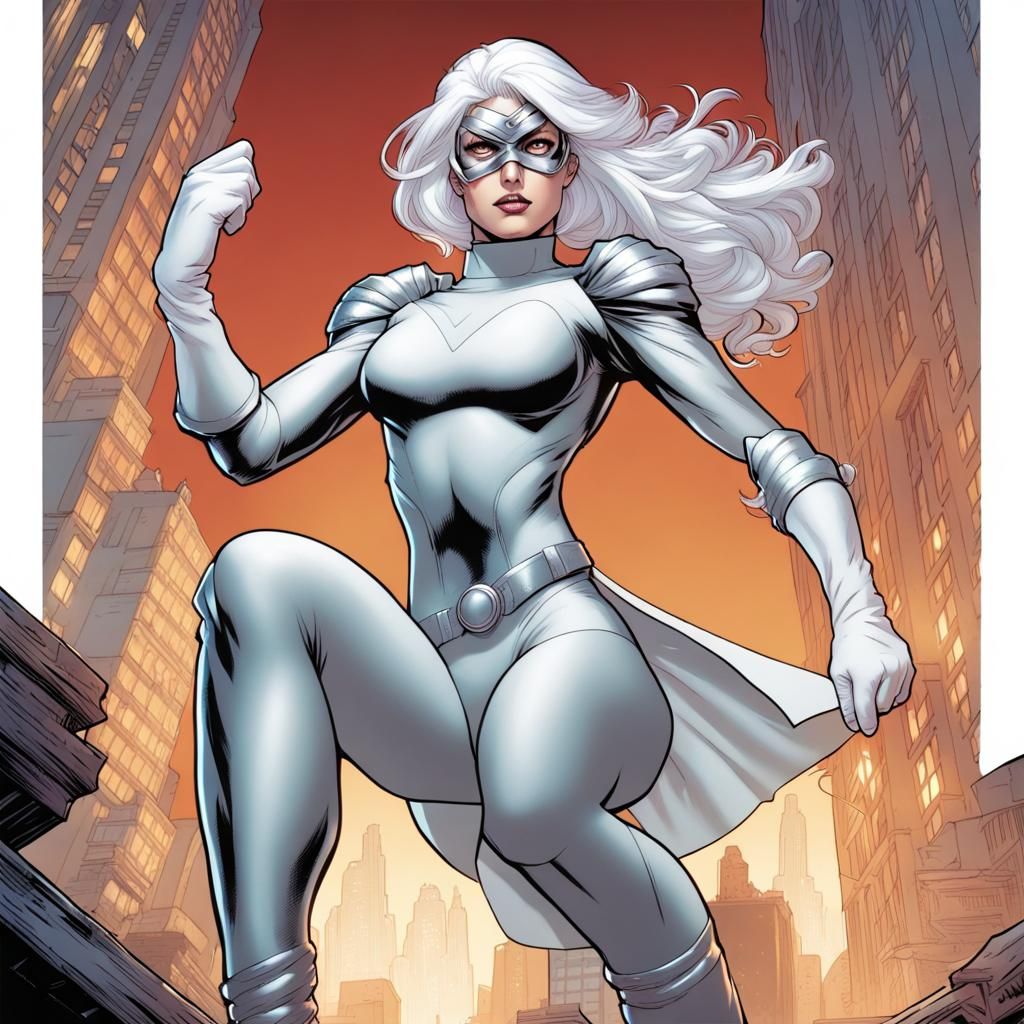 White-Haired Superheroine in Comic Book Art Style