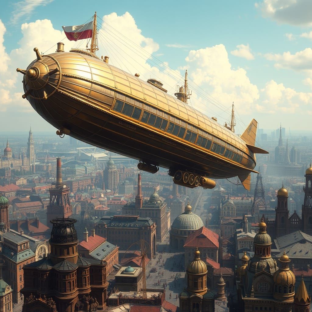Steampunk Airship Dominates Victorian Cityscape