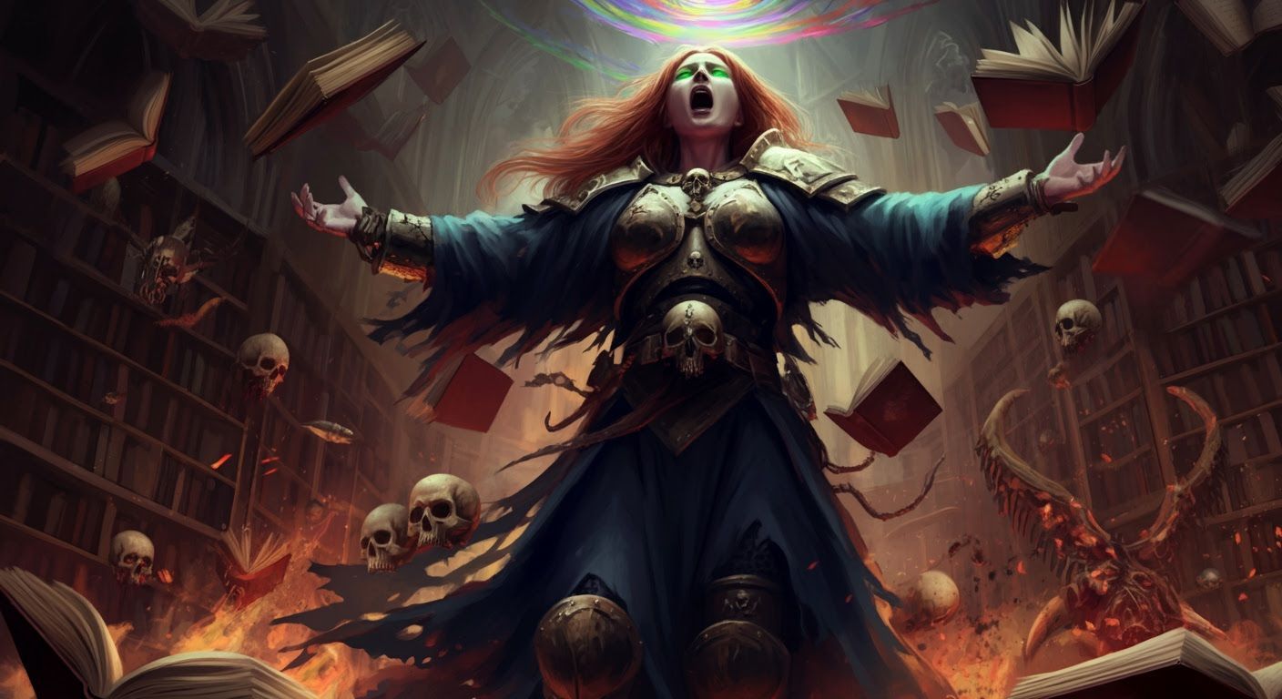 Psyker in Gothic Library, Grimdark Photorealistic Image