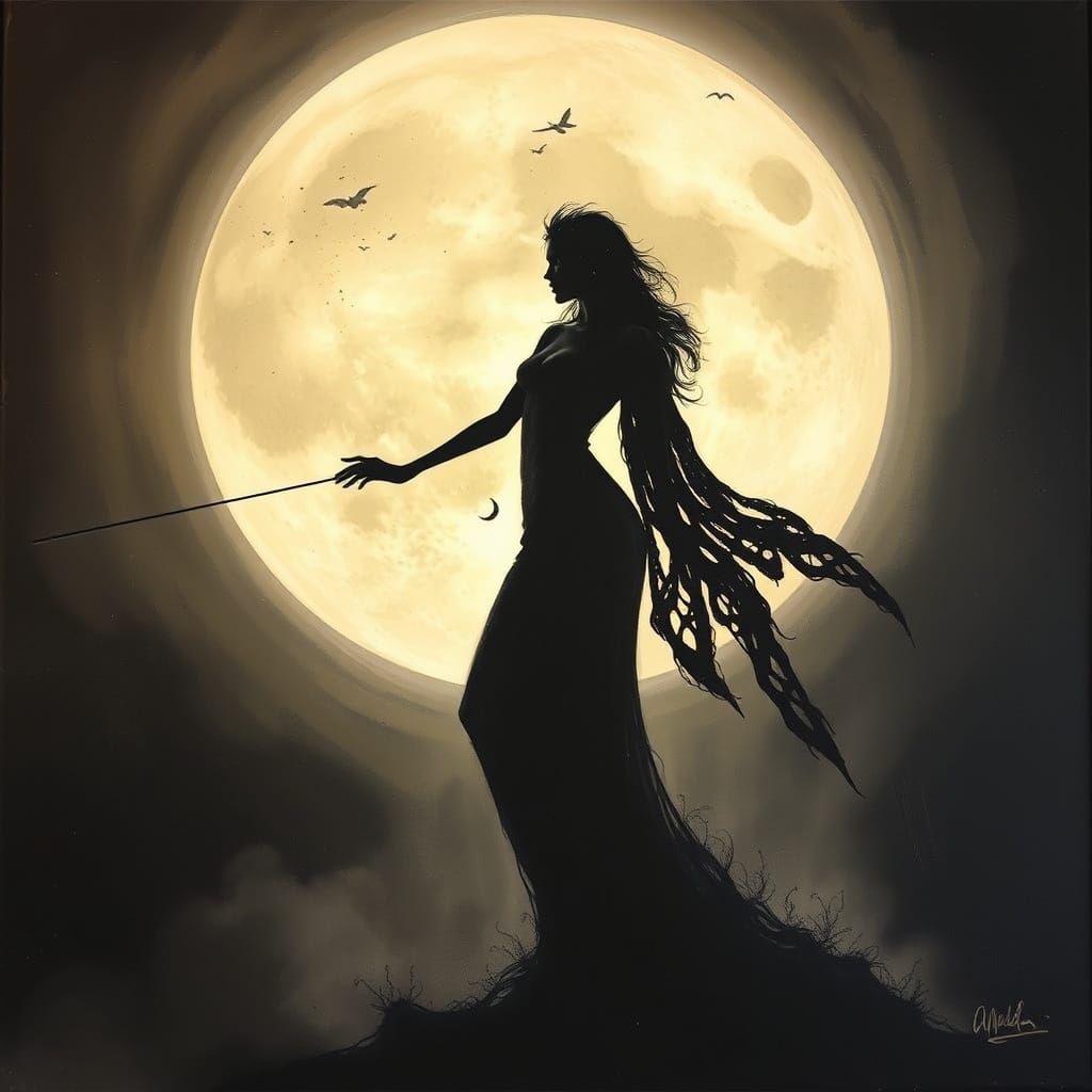 Goddess Silhouette with Radiant Moon in Surrealist Style