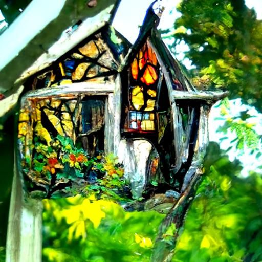 Stained Glass Cottage in Forest, Oil Painting