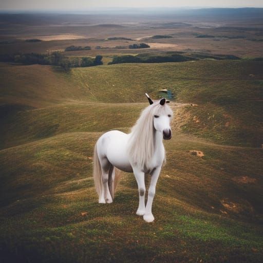 Brave Unicorn Overlooks Ruined Town