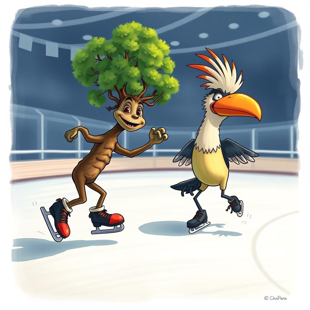 Animated Bonsai and Bird Chase on Ice Rink